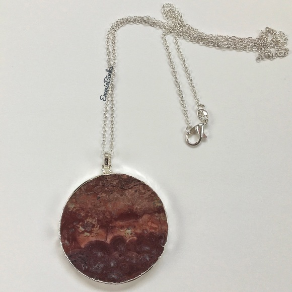 New 925 Sterling Silver Red Mexican Happy Lace Agate Slice Pendant Necklace - Picture 6 of 13